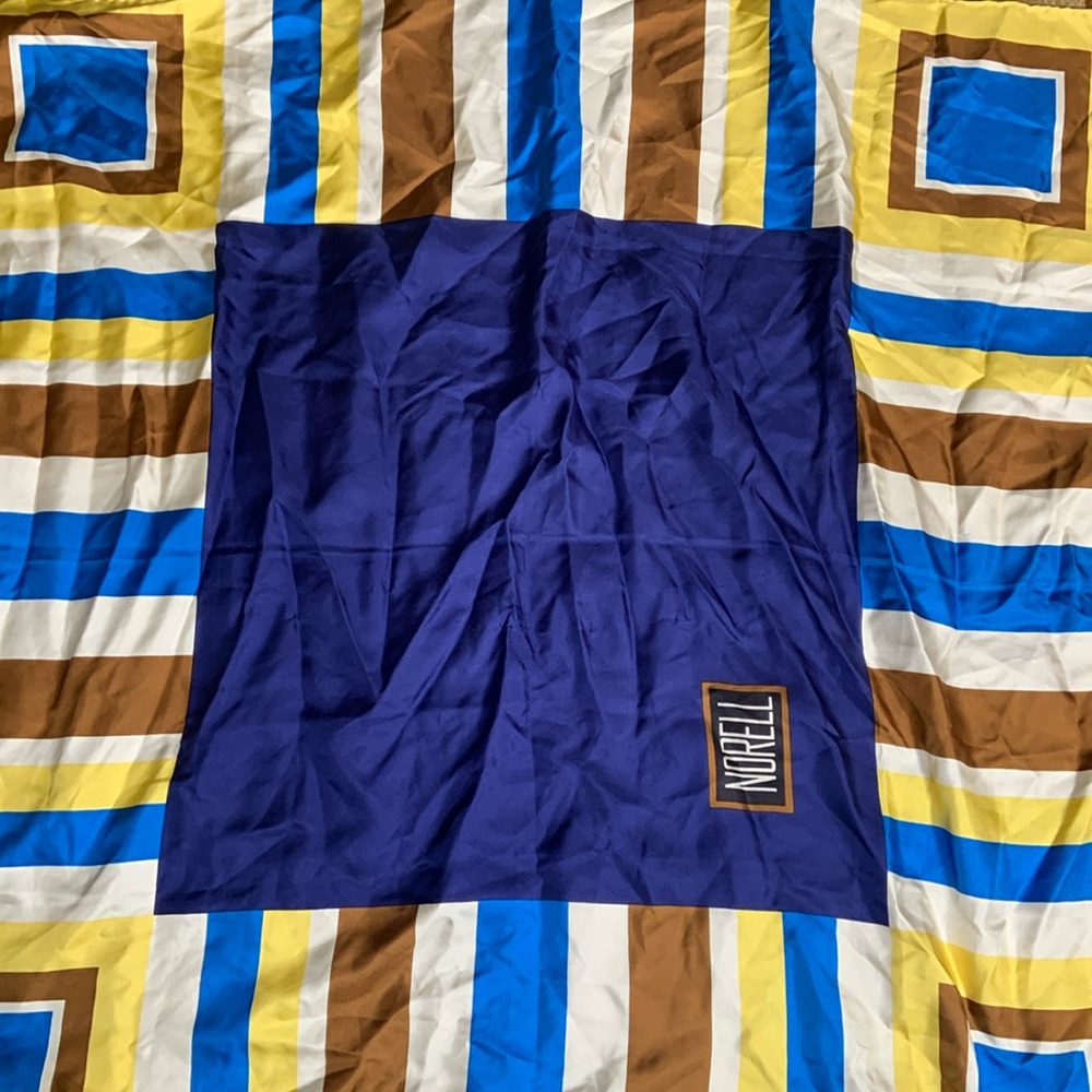 Vintage Norman Norell 100% Pure Silk Scarf 35 x 35 Blue Yellow Cream Brown